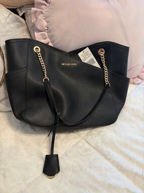 Michael Kors Black Saffiano Chain-Accent Tote